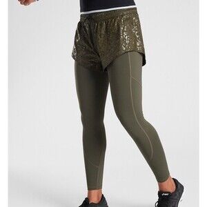 Athleta Rainier 2-in-1 Tights with Shorts Olive Green Small Animal Print pockets